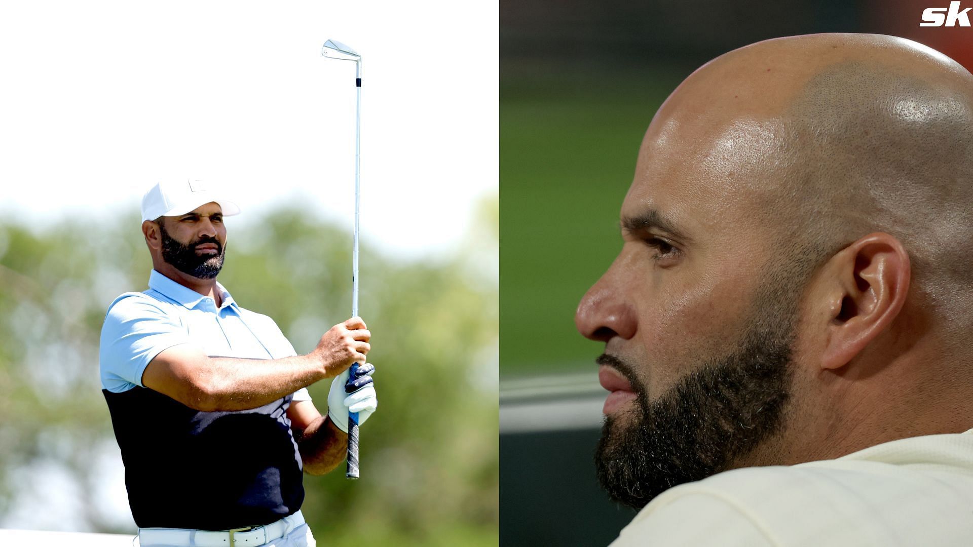 Former MLB player Albert Pujols hits a tee shot during the first round of the Invited Celebrity Classic at Las Colinas Country Club