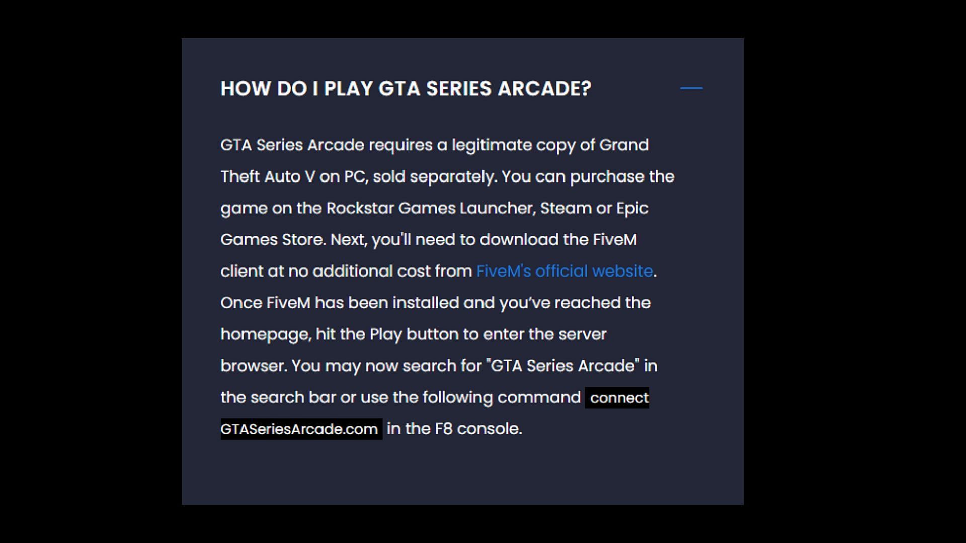 You must have GTA 5 and FiveM on your PC to join this RP server (Image via GTA Series Arcade)