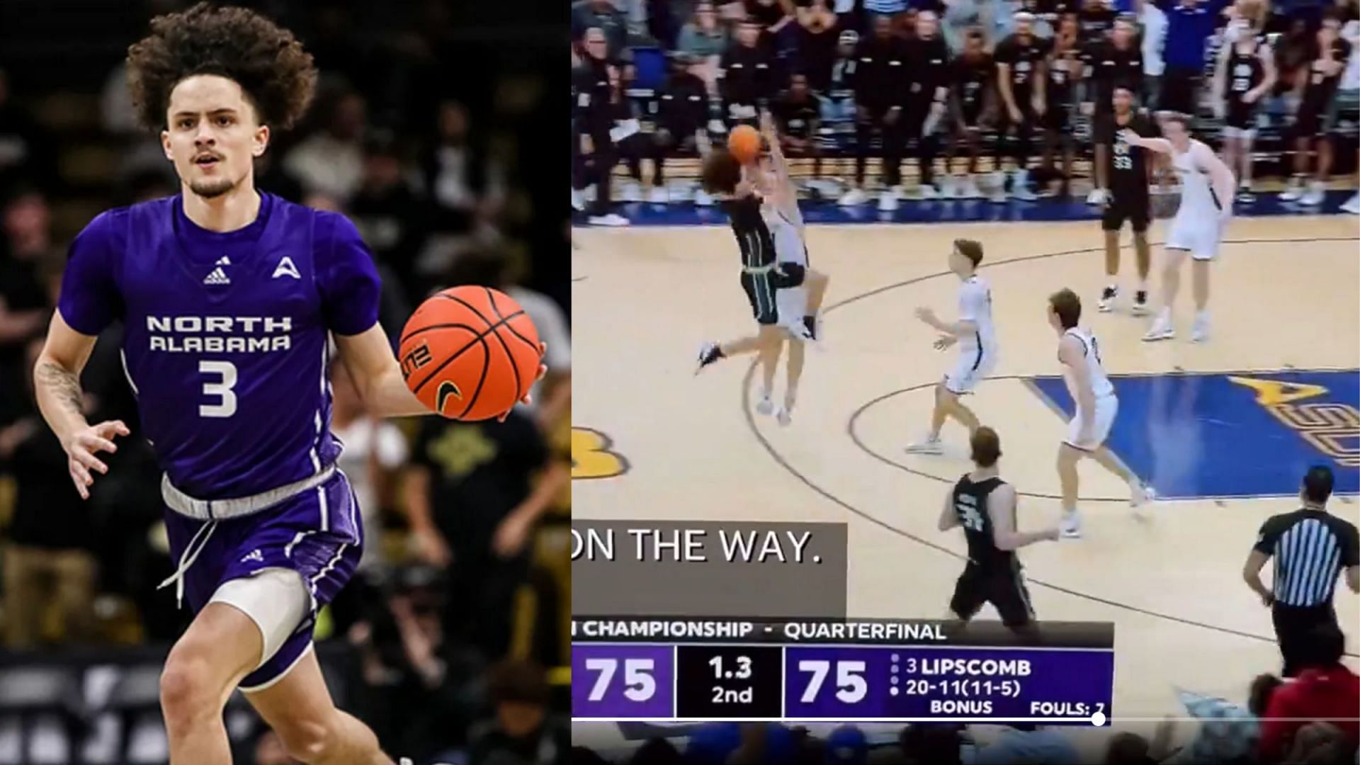 KJ Johnson shoots a 3-pointer at the buzzer. (via X and University of North Alabama website) 