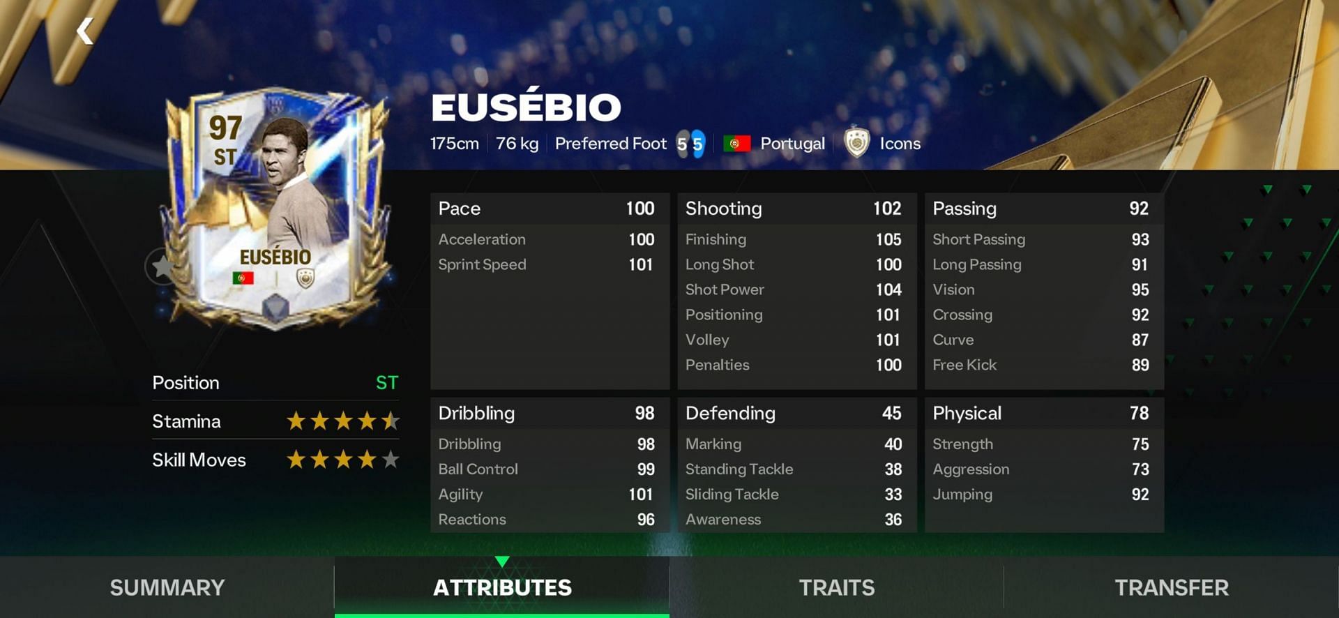 Eusebio is the only player in the game with all 100+ shooting attributes and is second in the list of best FC Mobile strikers (Image via EA Sports)