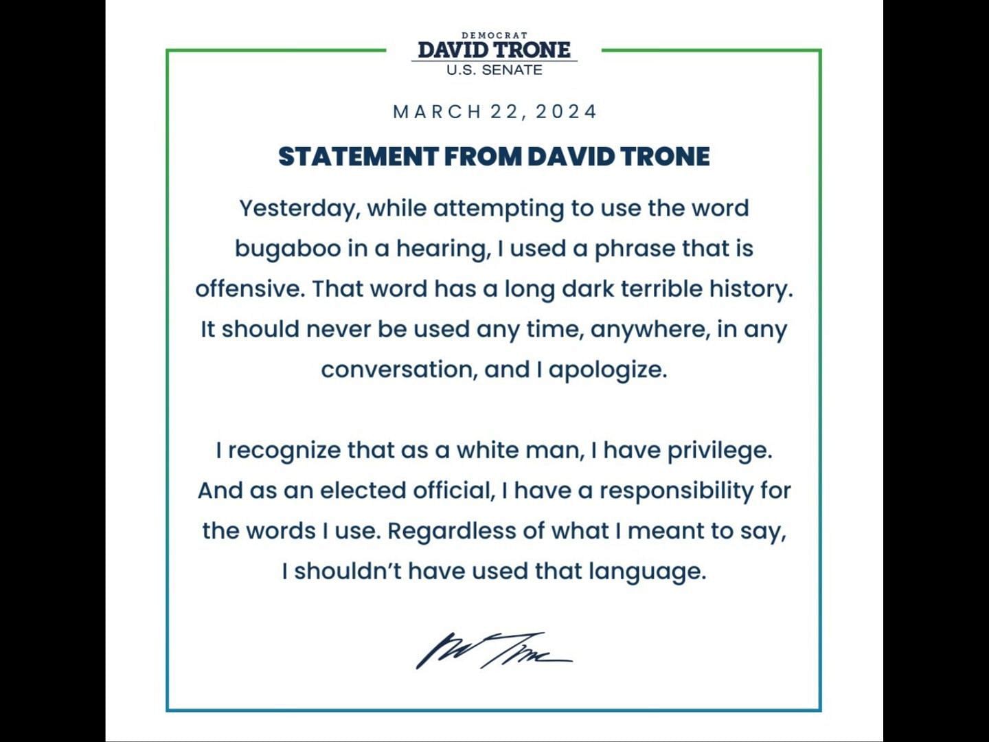 Rep. Trone apologized for using the offensive term at the budget hearing on Thursday. (Image via X/@davidjtrone)
