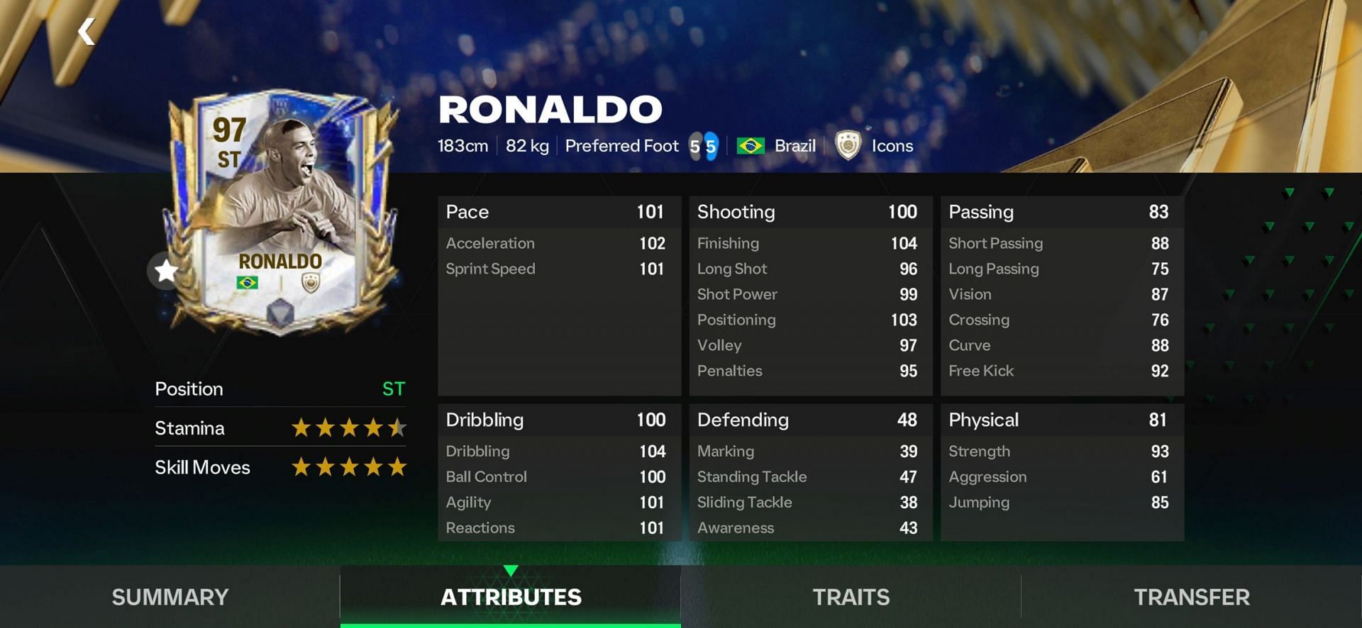 Ronaldo Nazario is the undisputed king in the list best FC Mobile strikers with 100+ Pace, Dribbling and Shooting attributes (Image via EA Sports)