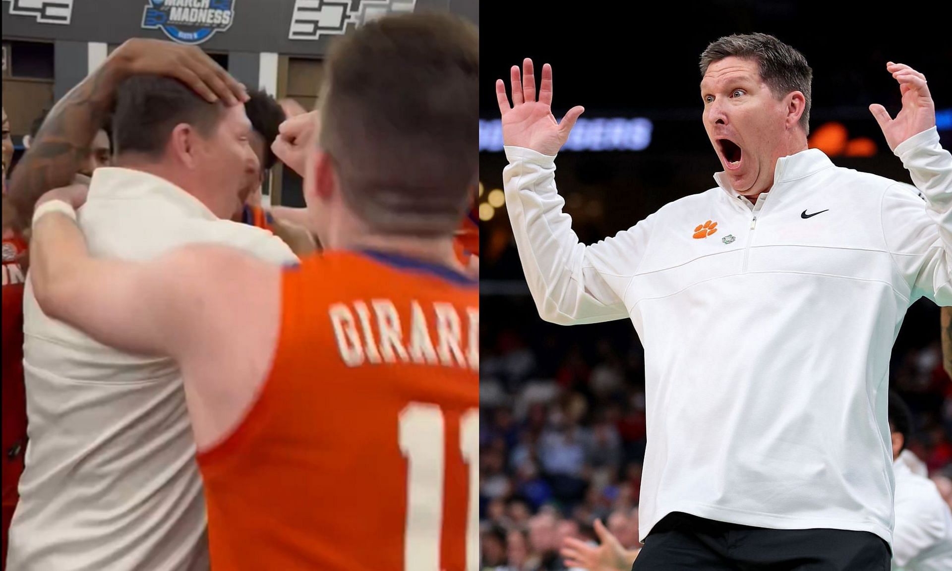 Clemson head coach Brad Brownell and his team rejoice after an impressive victory in the Sweet 16 over Arizona, led by star player Caleb Love.