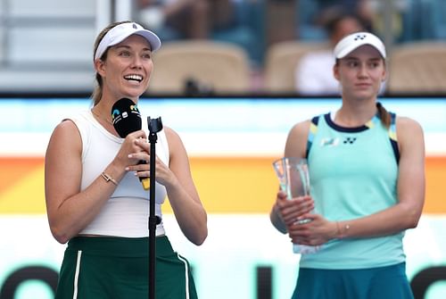 Danielle Collins (L) and Elena Rybakina (R) during the women's singles trophy presentation ceremony at the 2024 Miami Open