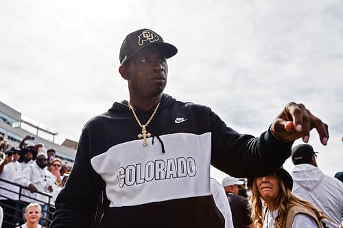 Boulder, CO, September 30: Head coach Deion Sanders of the Colorado Buffaloes walks off the field at halftime of a game against the USC Trojans at Folsom Field on September 30, 2023, in Boulder, Colorado. (Photo by Dustin Bradford/Getty Images) )