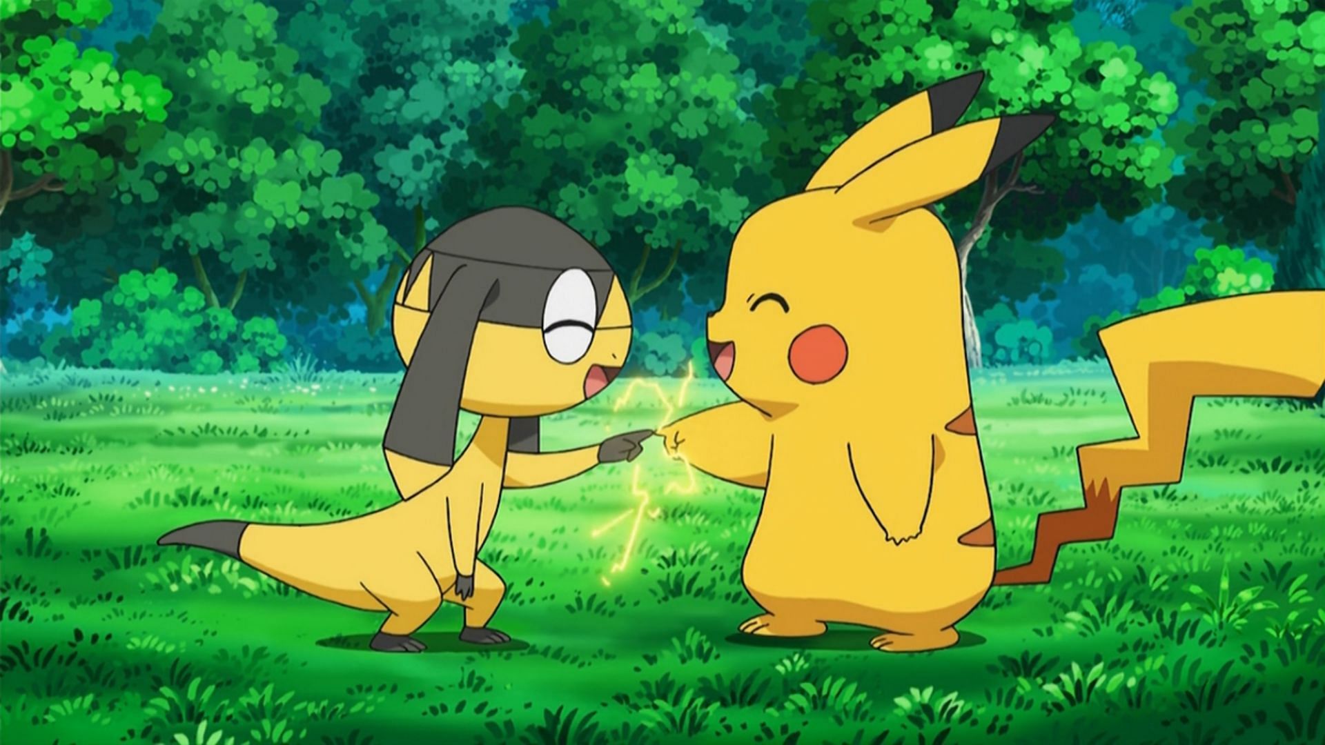 Pikachu and Helioptile as seen in the anime (Image via TPC)
