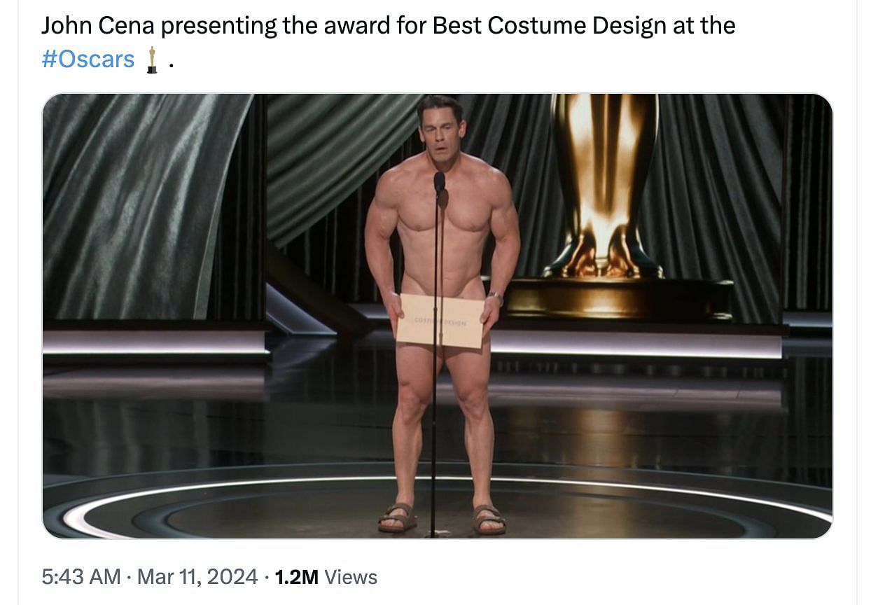 Social media users shared reactions as Cena entered the stage with no clothes on as he presented the Oscar award for Best Costume. (Image via @PopBase/ X)
