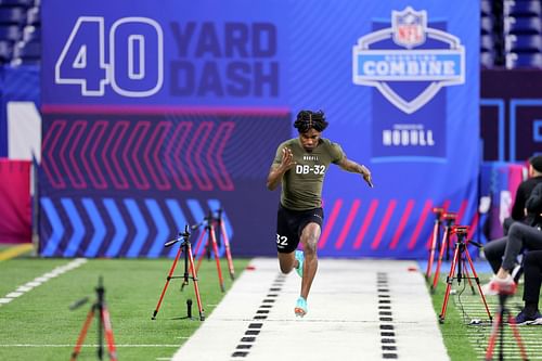 Ennis Rakestraw Jr #DB32 of Missouri participates in the 40-yard dash during the NFL Combine