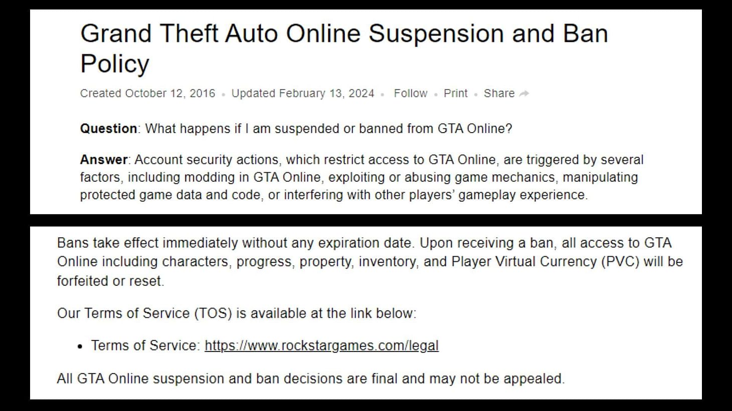 Rockstar&#039;s Games&#039; GTA 5 Online ban policy (Image via Rockstar Games)