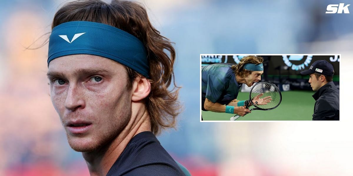 Andrey Rublev shouts at line official in Dubai (inset)