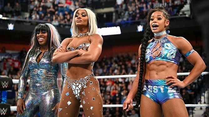 Naomi reacts after WWE confirms a huge tag team match for WrestleMania 40 featuring Jade Cargill and Bianca Belair