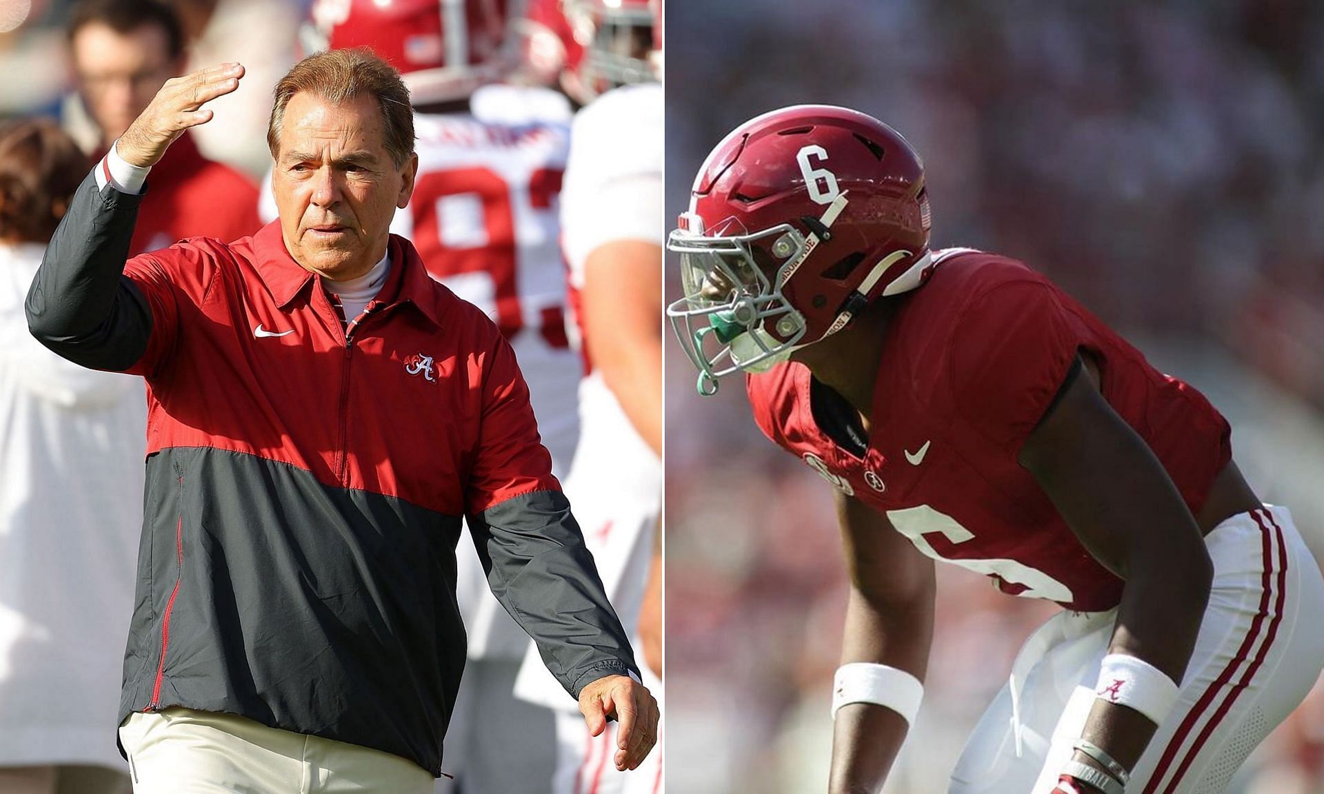 Nick Saban (L), Jaylen Key (R)