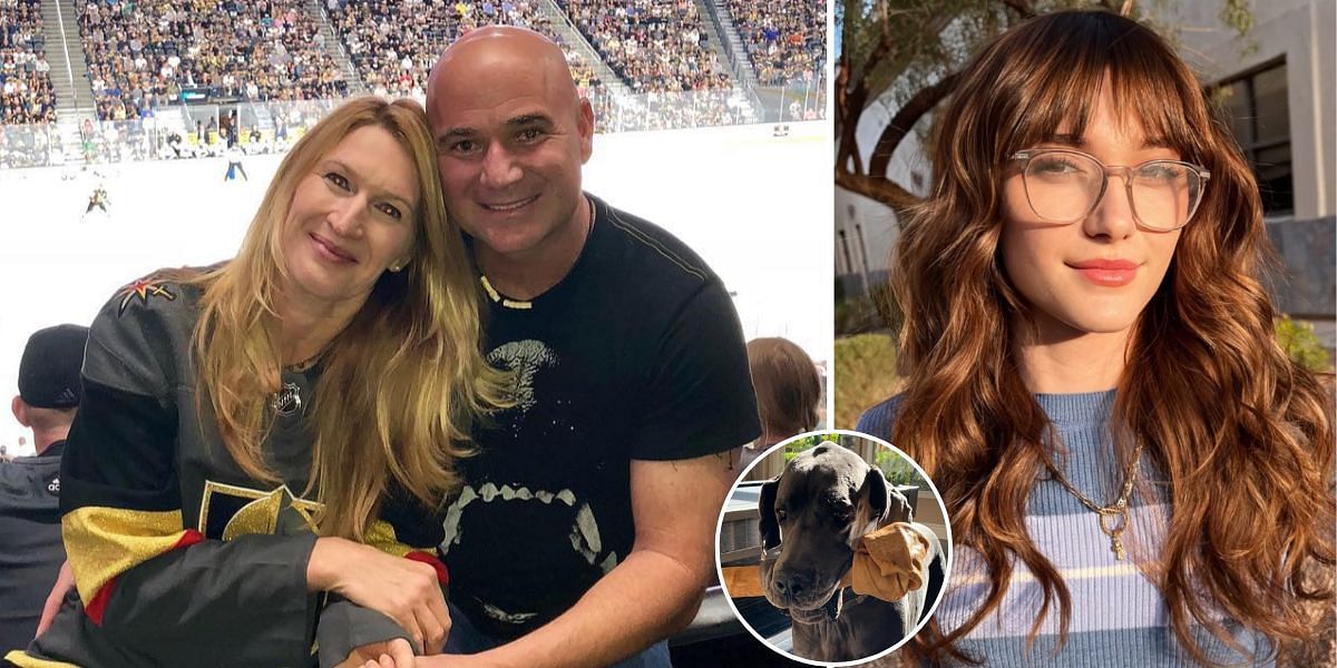 Andre Agassi and Steffi Graf (L), daughter Jaz (R), dog Blue (inset)