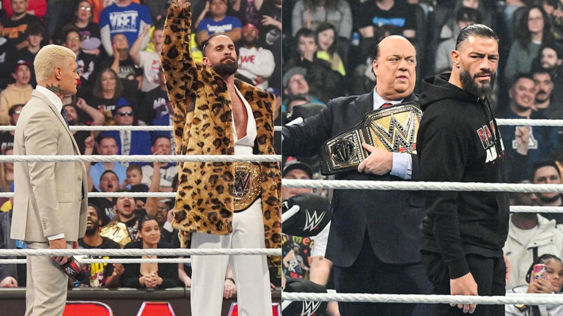 Cody Rhodes and Seth Rollins (left); Paul Heyman and Roman Reigns (right)