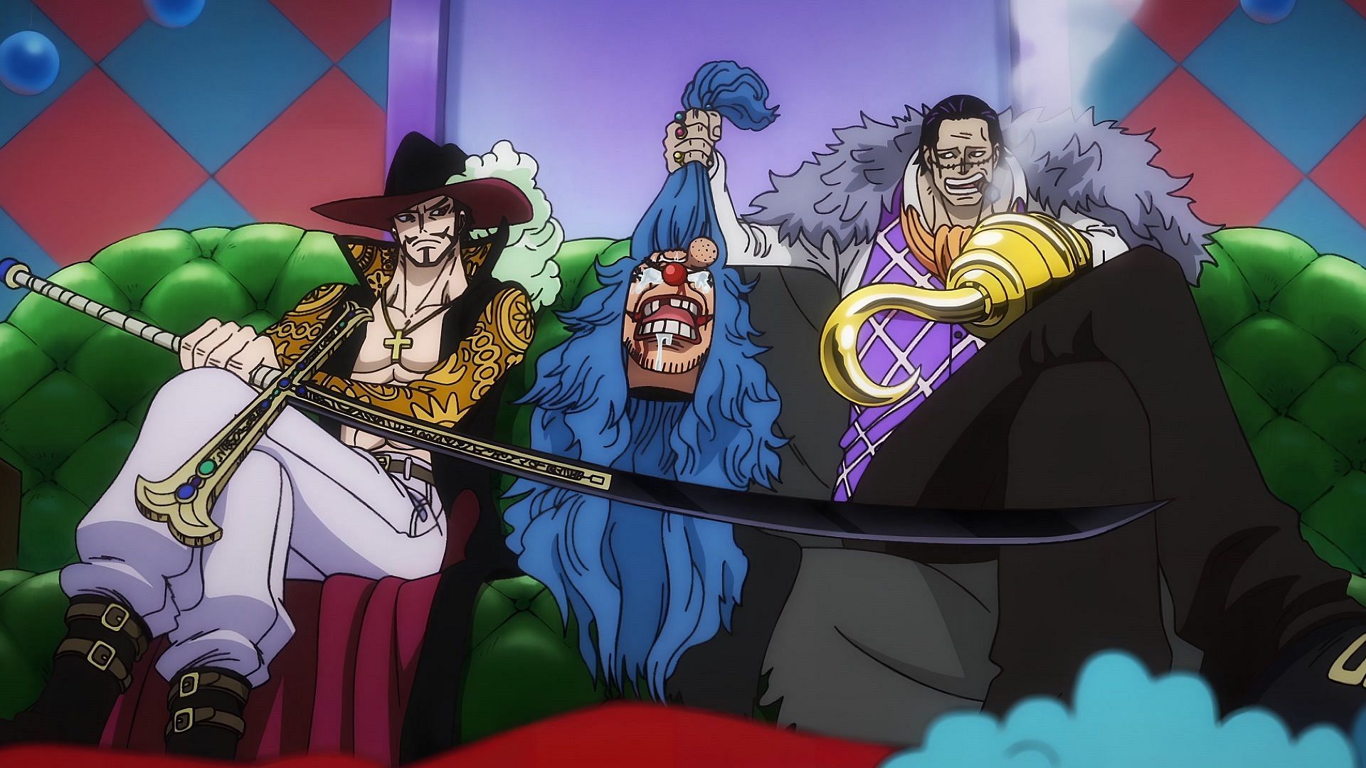 Mihawk, Buggy, and Crocodile as seen in One Piece (Image via Toei Animation)
