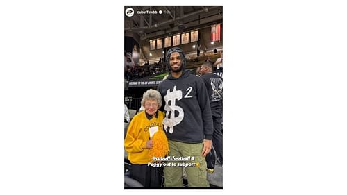 Sheduer Sanders with Miss Peggy, a die-hard Colorado sports fan.