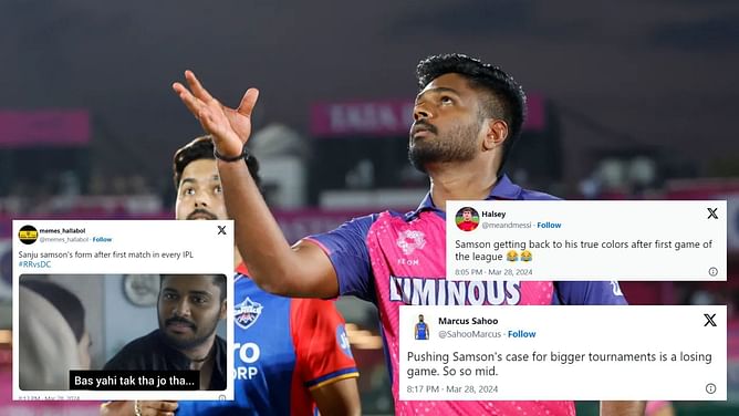 "Inconsistency Master" - Fans react as Sanju Samson reverts to his usual pattern during RR vs DC IPL 2024 clash