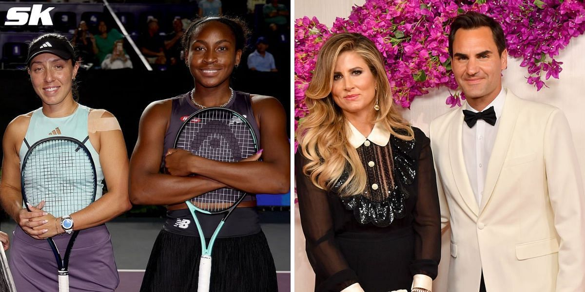 Jessica Pegula and Coco Gauff (L), Roger Federer and wife Mirka (R)