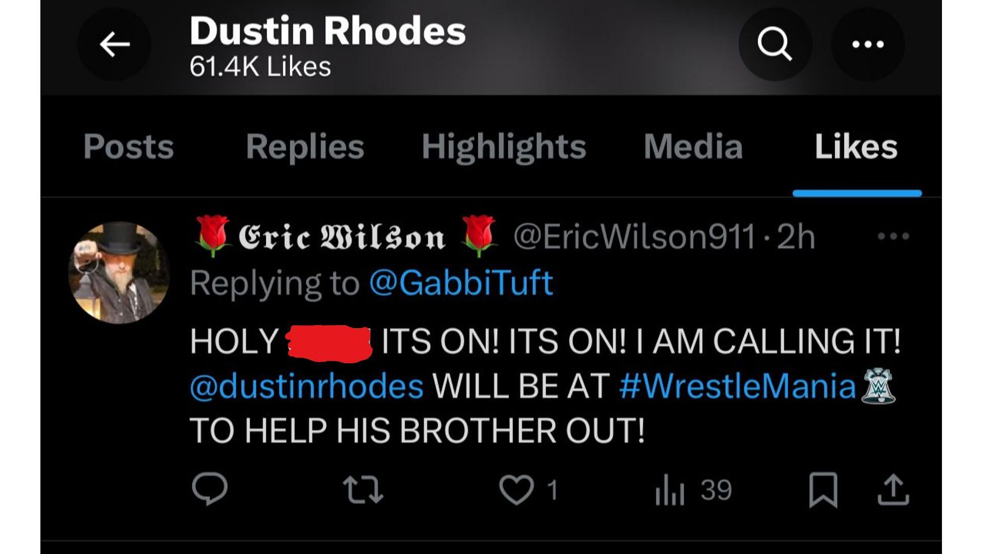 Dustin Rhodes liked an interesting fan tweet on X