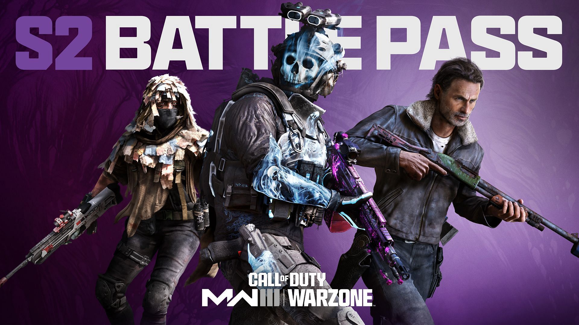 From the left Operator Farah, Ghost, and Rick Grimes in MW3 and Warzone Season 2 Battle Pass