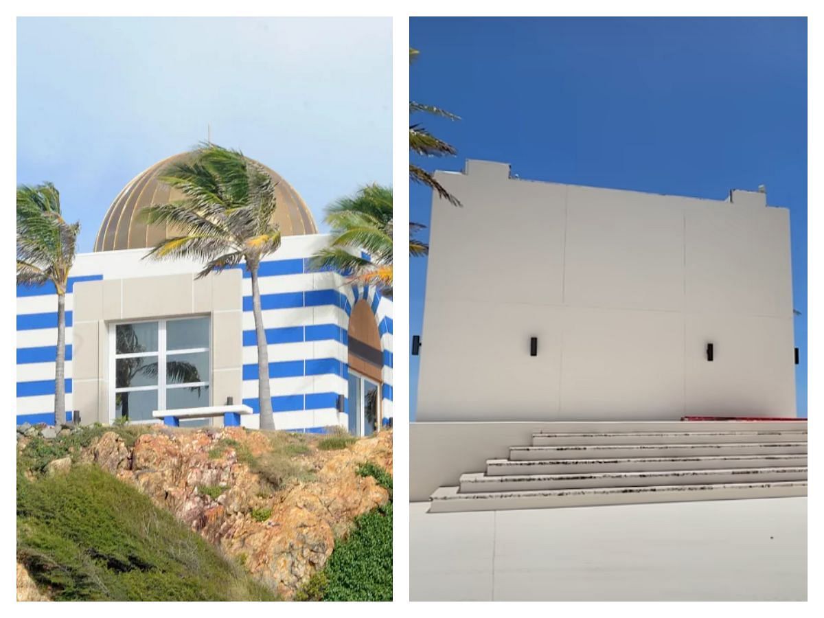 Before and after images of the temple-like building on Epstein Island (Image via YouTube/Tyler Oliveira)