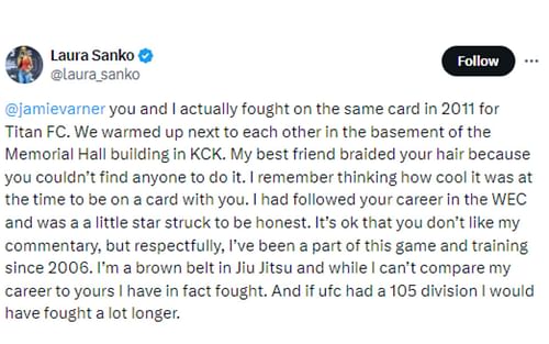 Sanko's tweet responding to Varner's criticism [Image courtesy: @laura_sanko - X]