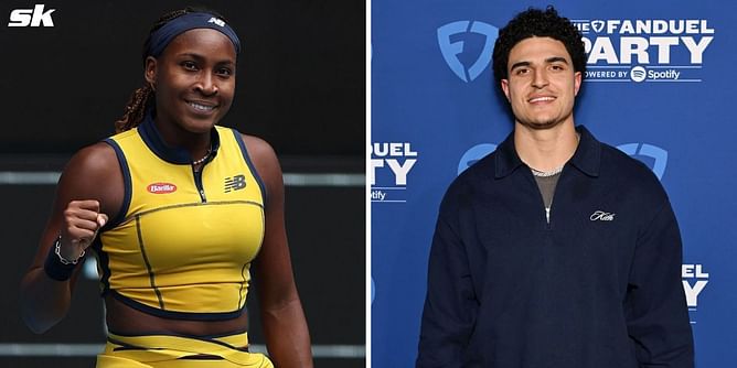 Coco Gauff all smiles as she poses with Miami Dolphins star Jaelan Phillips at Miami Open