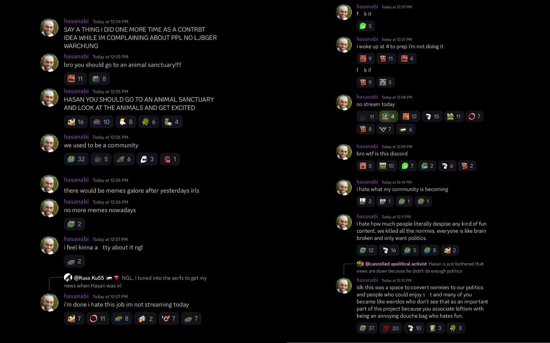 Screenshots of HasanAbi&#039;s messages on his Discord server 2/2 (Image via X)