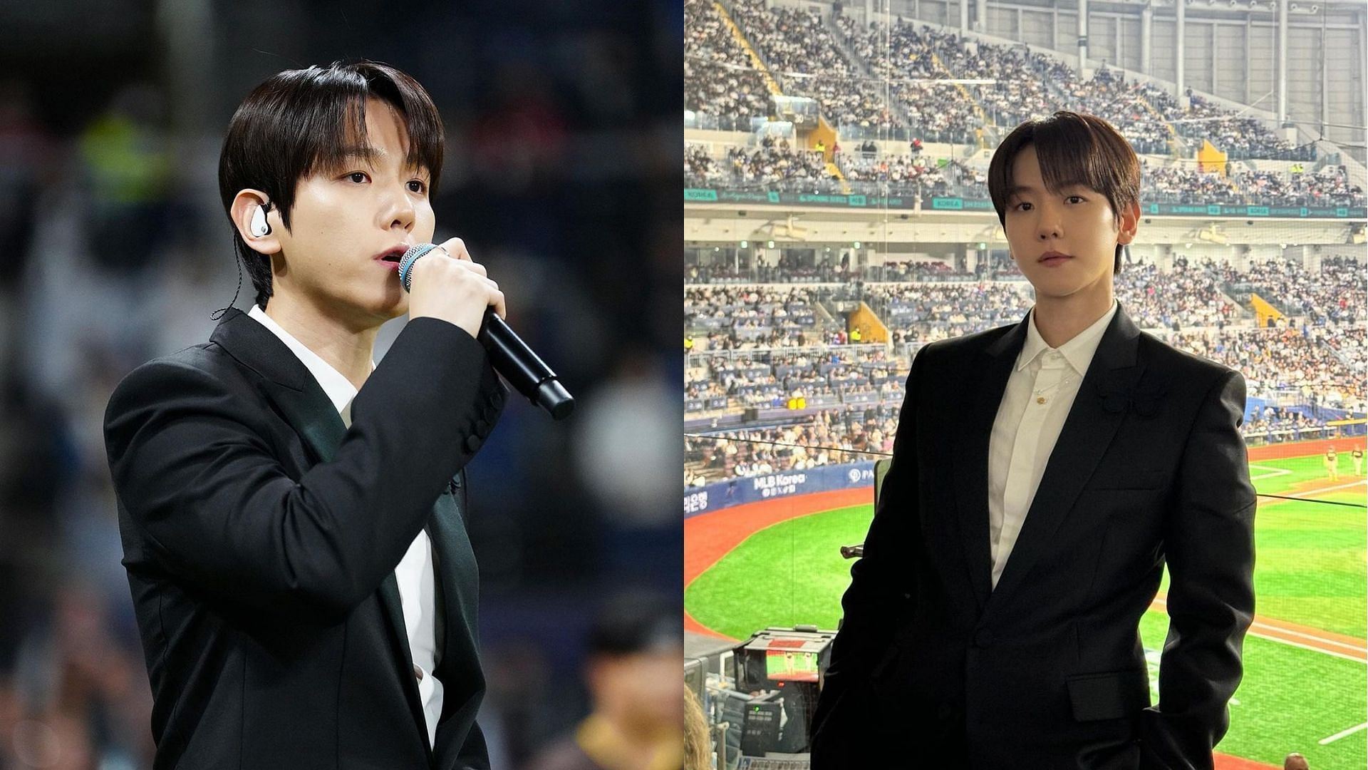 Baekhyun sings the Korean National Anthem at MLB 2024 (Images via Instagram/baekhyunee_exo and mlb)