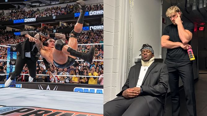 KSI reacts after eating an RKO from Randy Orton on WWE SmackDown