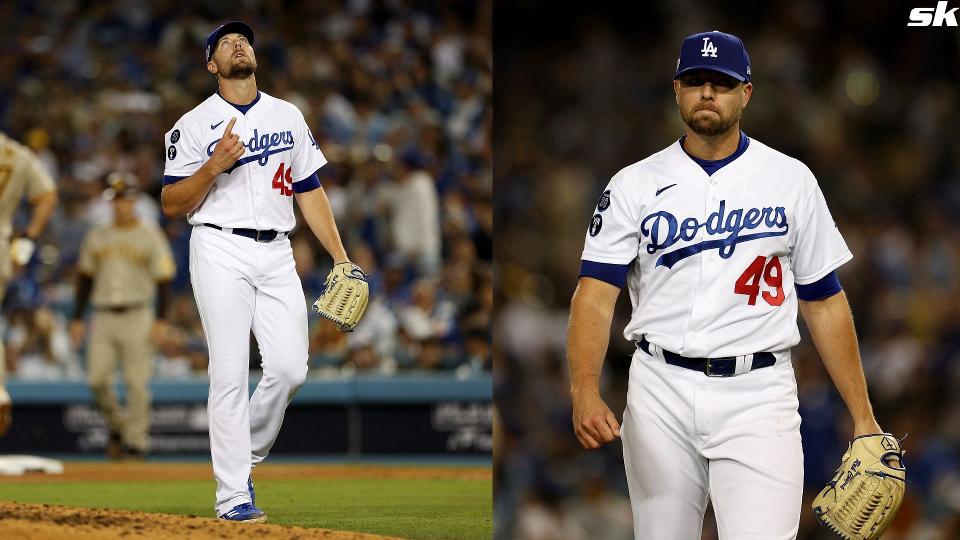 Blake Treinen of the Los Angeles Dodgers looks on during the eighth inning in game two of the NLDS against the San Diego Padres at Dodger Stadium