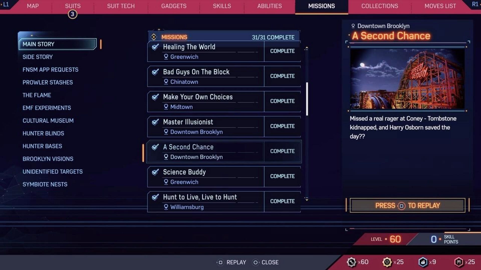 The Missions tab in Marvel&#039;s Spider-Man 2 (Image via Sony Interactive Entertainment)