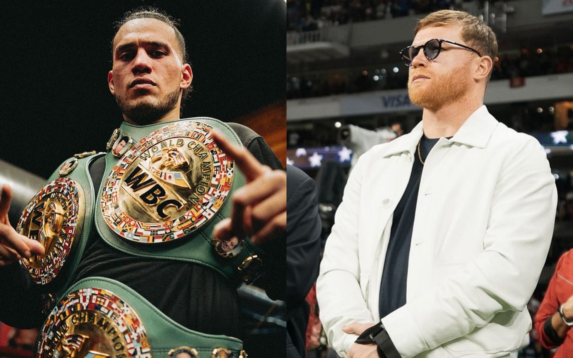 David Benavidez (left) claims Canelo Alvarez (right) doesn