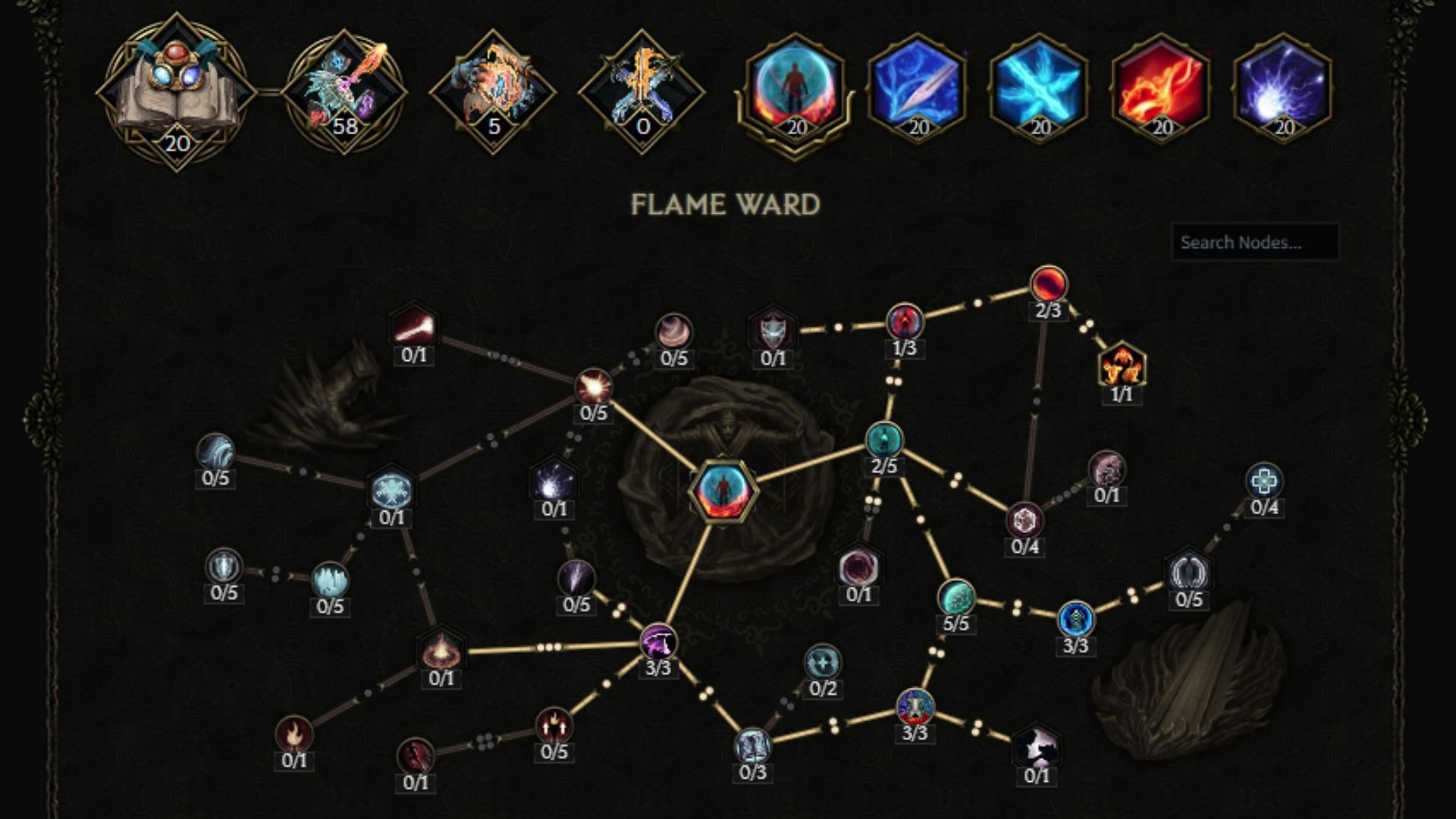 Skill tree for Flame Ward (Image via maxroll/Eleventh Hour Games)