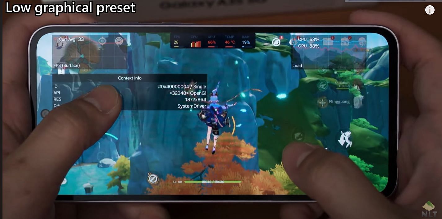 The Samsung Galaxy A35 promises up to 30fps on the lowest settings with Genshin Impact (Image via NL Tech/YouTube)