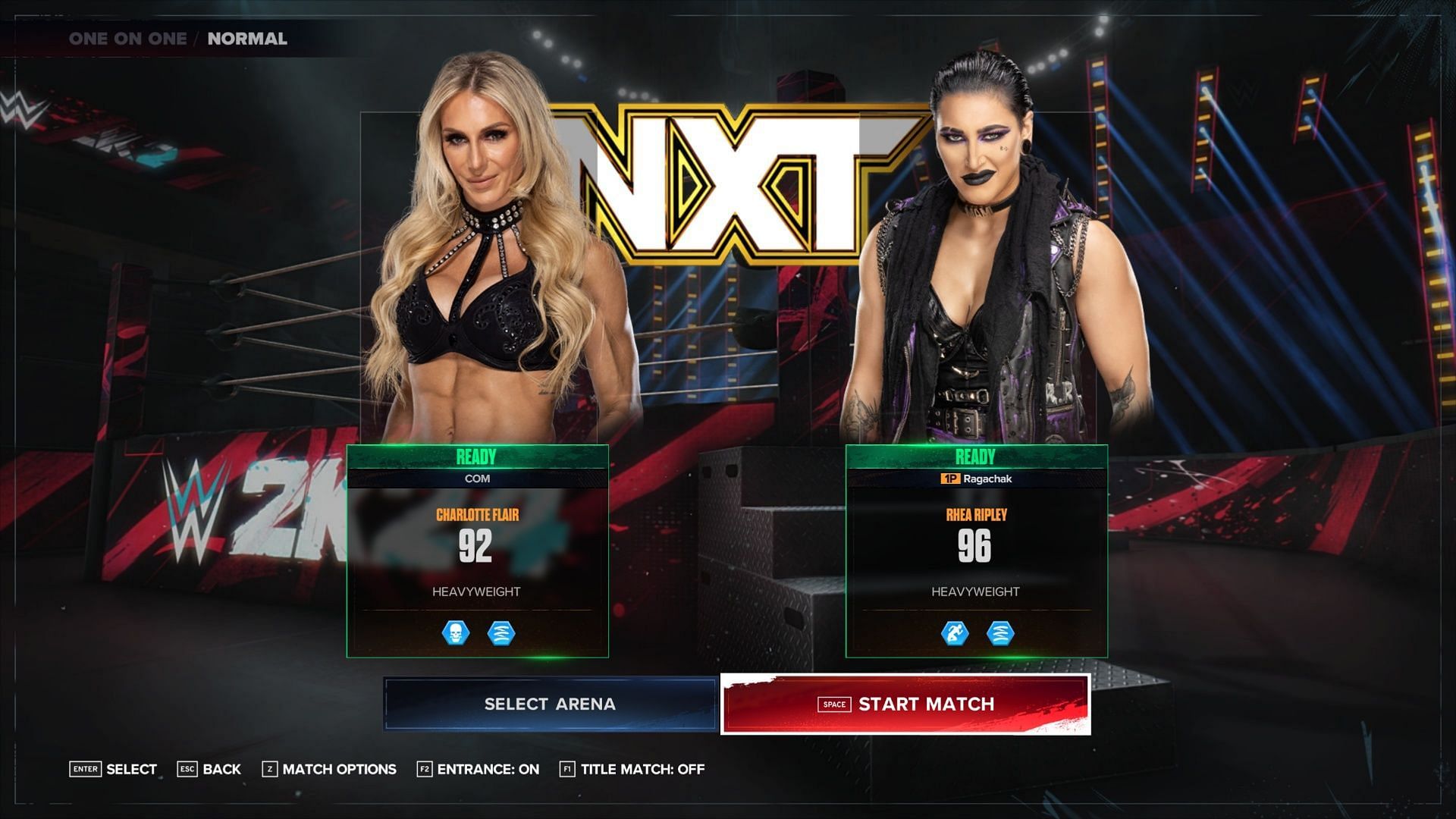 Charlotte Flair and Rhea Ripley alternate costumes from 40 Years of WrestleMania edition. (Image via 2K Games)