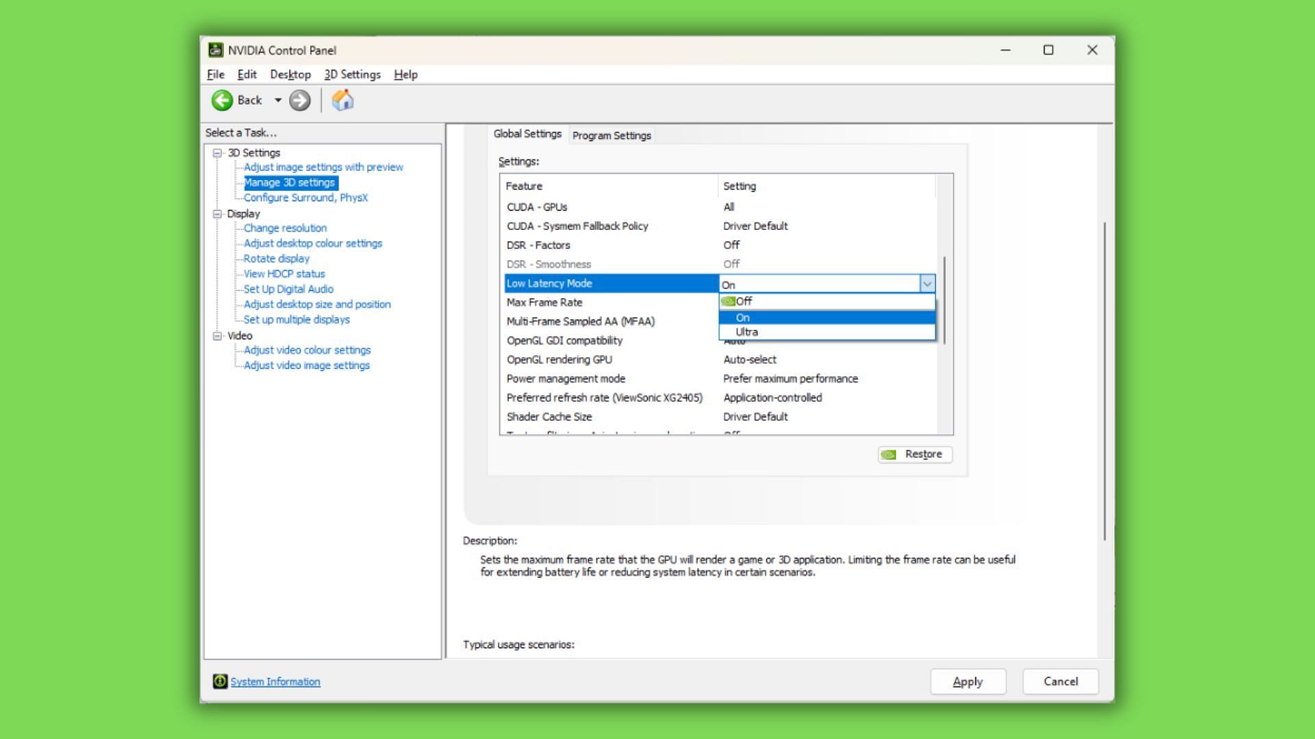 Enable low latency mode for increased response time (Image via Nvidia)