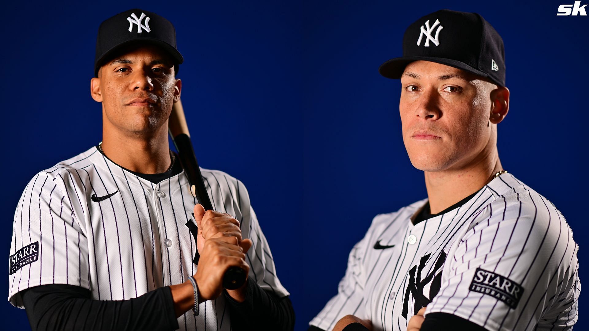 New York Yankees stars Juan Soto and Aaron Judge pose for a portrait during Photo Day