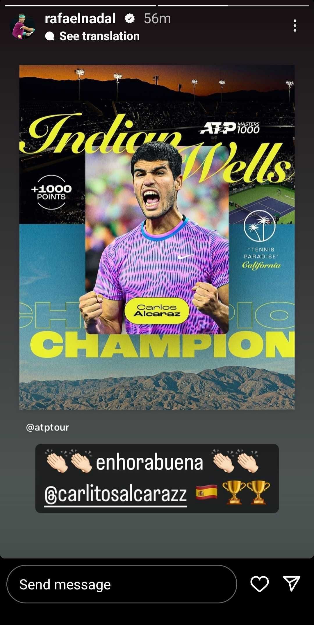 Rafael Nadal&#039;s congratulatory Instagram post for Carlos Alcaraz