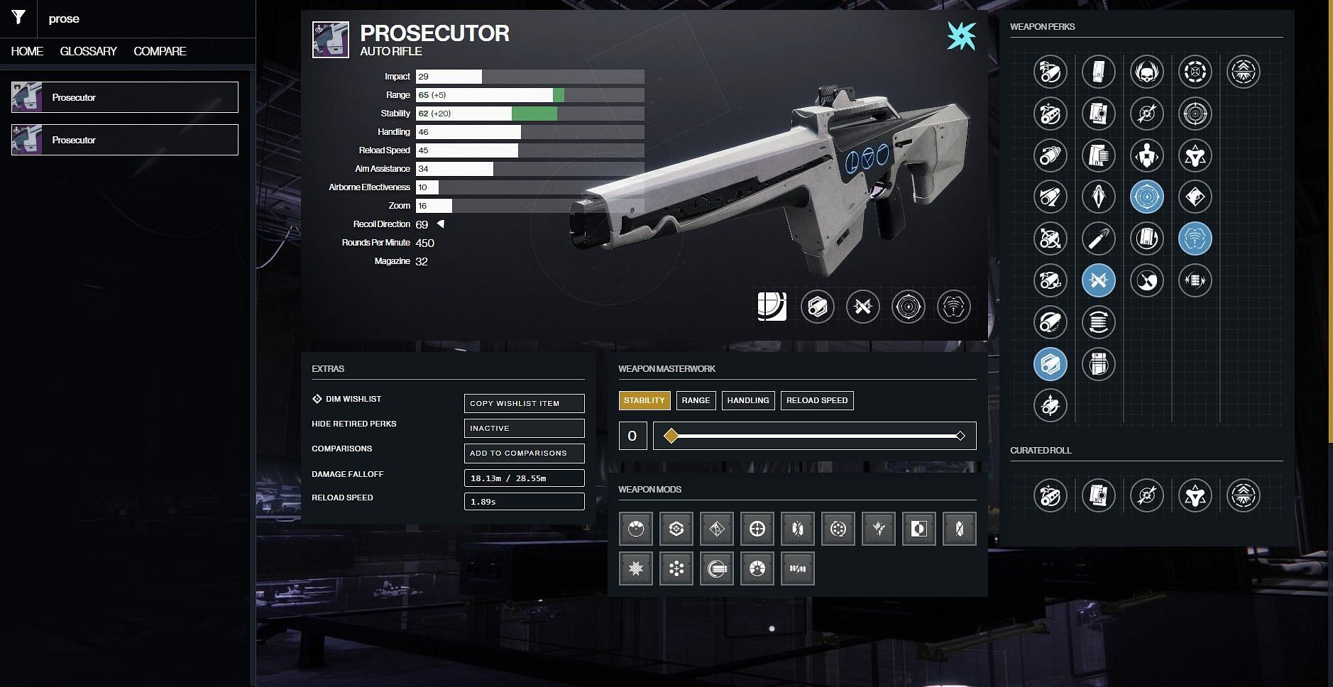 Prosecutor PvP god roll (Image via D2Gunsmith)