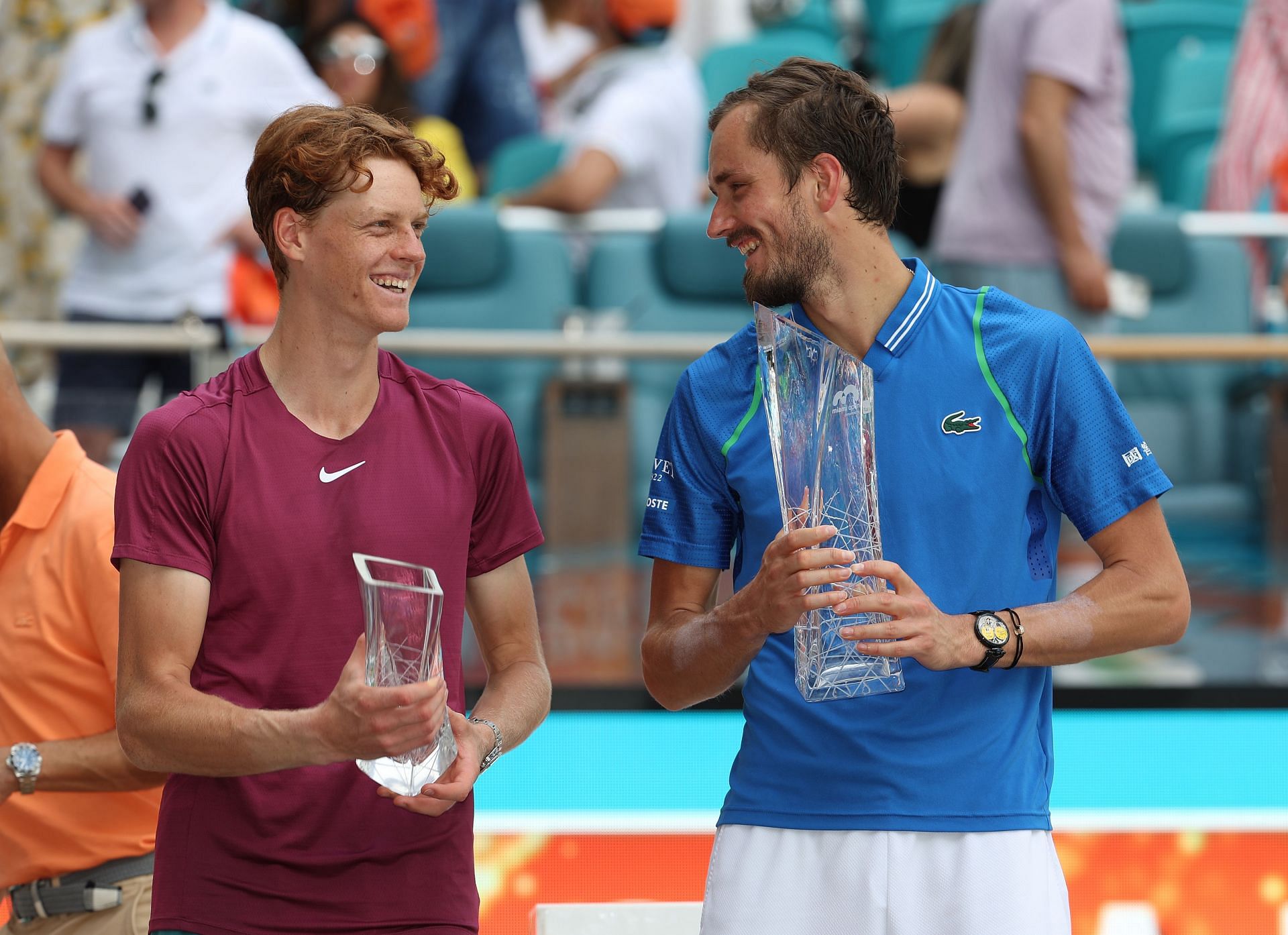 Daniil Medvedev (right) beat Jannik Sinner to win the 2023 Miami Open.