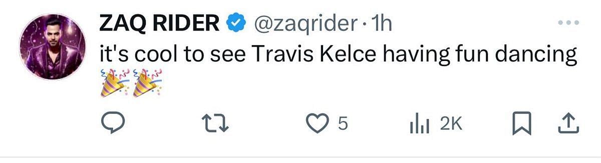 Fans find Travis Kelce dancing to Swift&#039;s songs &quot;cool&quot; (image via @zaqrider on X)