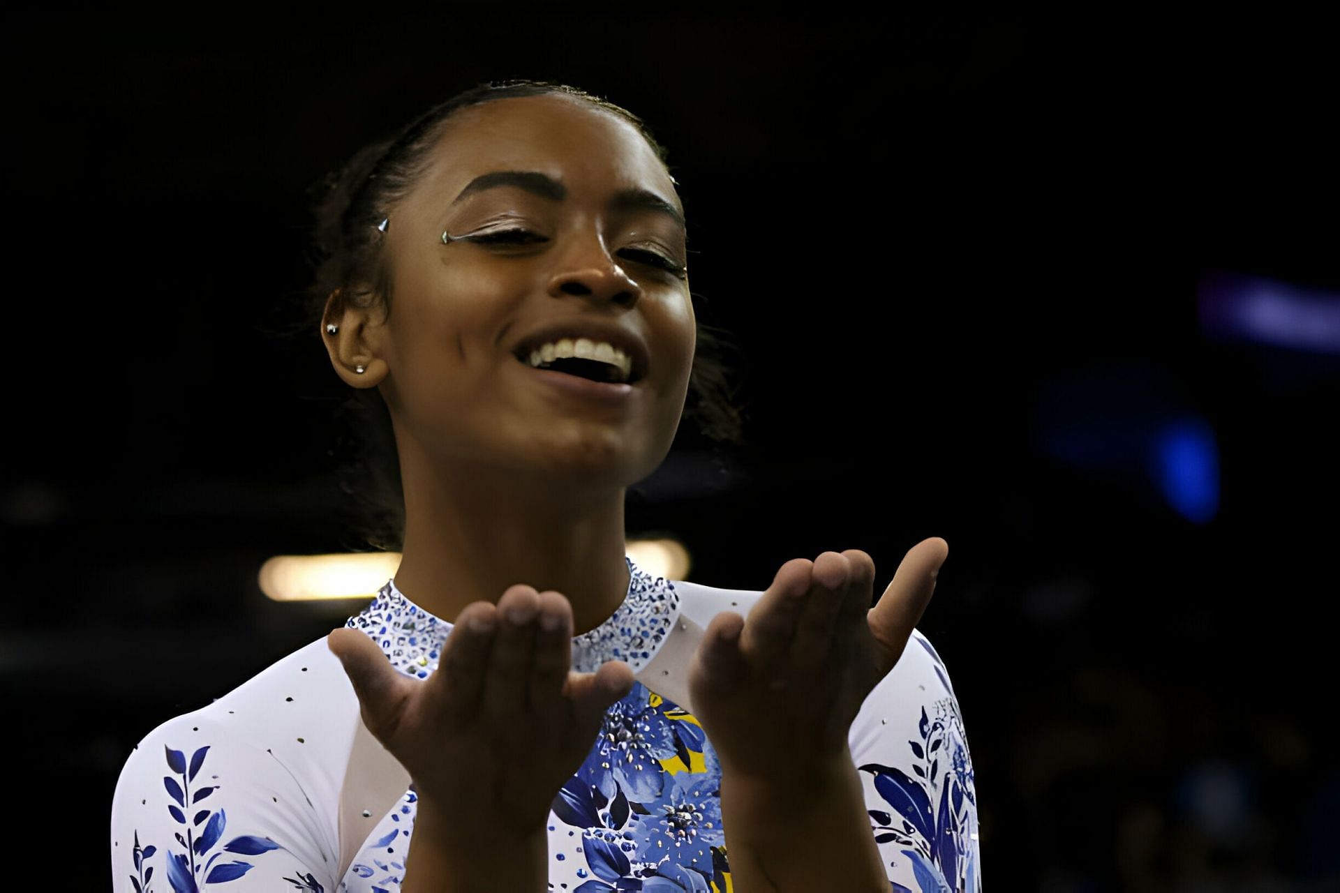 Selena Harris competes on floor exercise at Pauley Pavilion on February 19