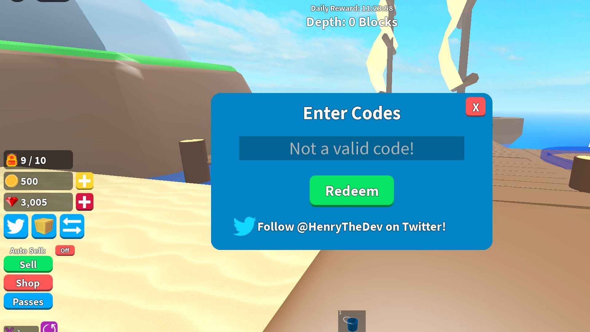 Not a valid code! error message in Treasure Hunt Simulator (Image via Roblox and Sportskeeda)