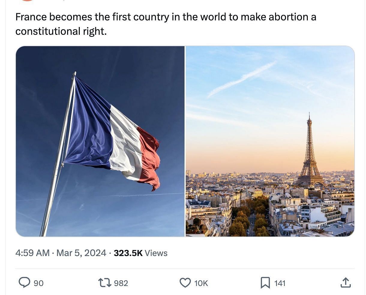 Social media users applauded the French government for the revolutionary step to make abortion a legal right in the country. (Image via @PopCrave/ X)
