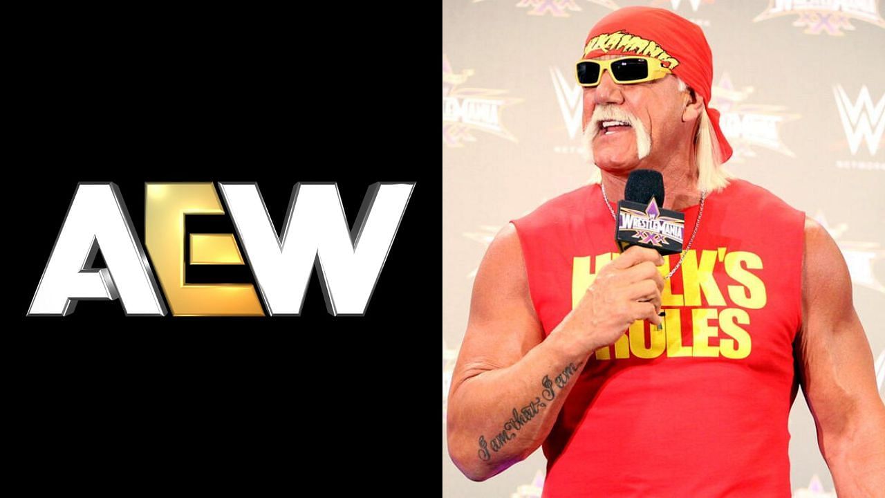 AEW logo (left) and WWE legend Hulk Hogan (right)