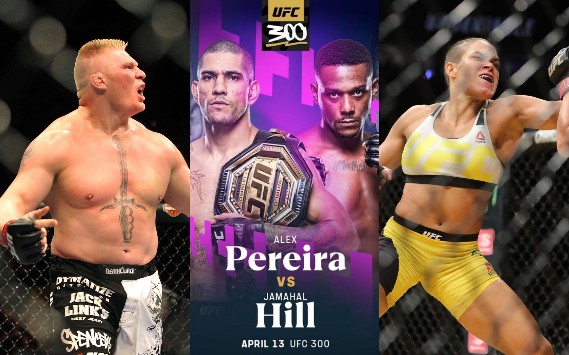 Brock Lesnar (left) and Amanda Nunes (right) emerged victorious in the headlining matchups of UFC 100 and UFC 200 respectively; whereas Alex Pereira and Jamahal Hill (middle) will fight for glory in the headliner of the UFC 300 event [Images courtesy: left and right images via Getty Images; middle image via @ufcontnt on X]