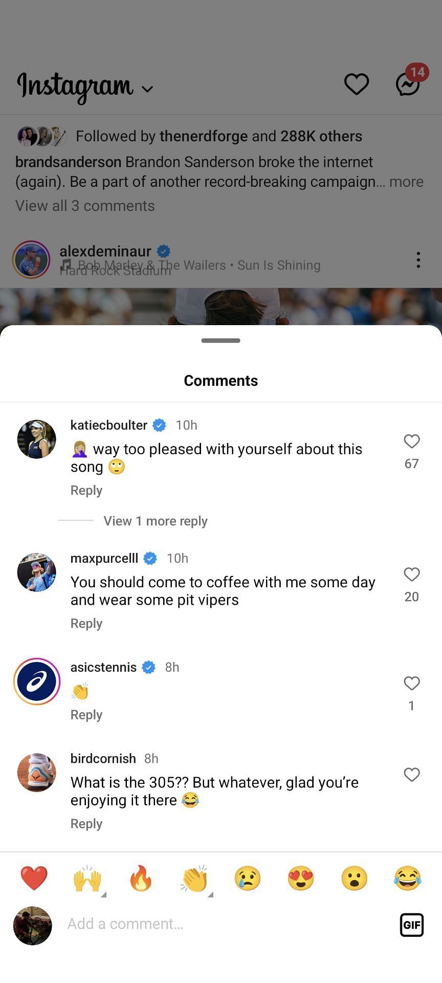 A screenshot of Katie Boulter&#039;s comment on Alex de Minaur&#039;s Instagram post.