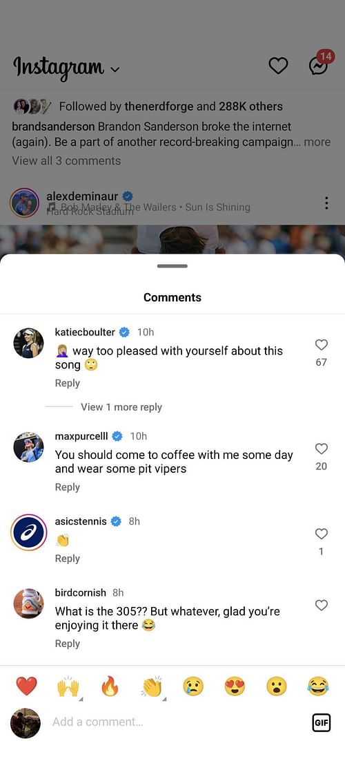 A screenshot of Katie Boulter's comment on Alex de Minaur's Instagram post.