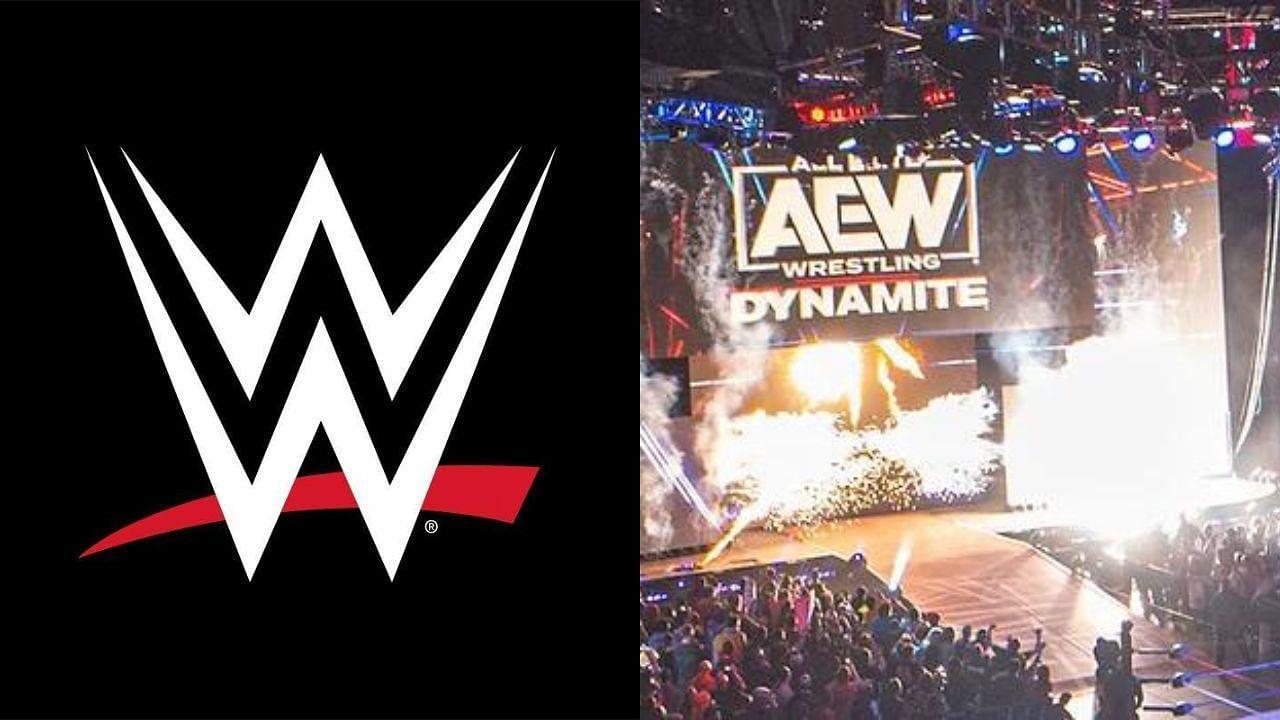 WWE logo (left) and AEW Dynamite arena (right)